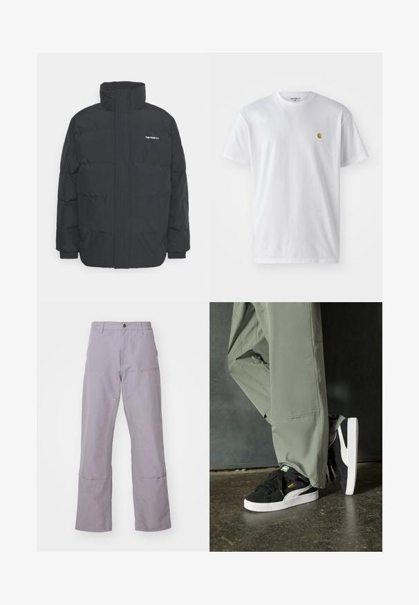 Schwarze Daunenjacke mit hohem Kragen, Reißverschluss vorne und elastischen Bündchen. Verfügt über eine Tasche und ein kleines Logo auf der Brust. Strukturiert Oberfläche.; Weißes Baumwoll-T-Shirt mit kurzen Ärmeln, Rundhalsausschnitt, mit einem kleinen goldenen Logo im linken Brustbereich. Weicher Stoff und normale Passform.; Helllila Hosen mit geradem Bein, ausgestattet mit zwei Fronttaschen und dekorativen Nähten. Hergestellt aus langlebigem Baumwollgewebe.; Schwarze Wildleder-Sneaker mit weißen Gummisohlen und seitlichen Streifen, kombiniert mit hellgrünen Cargo-Hosen, stehen auf einer strukturierten dunklen Oberfläche.