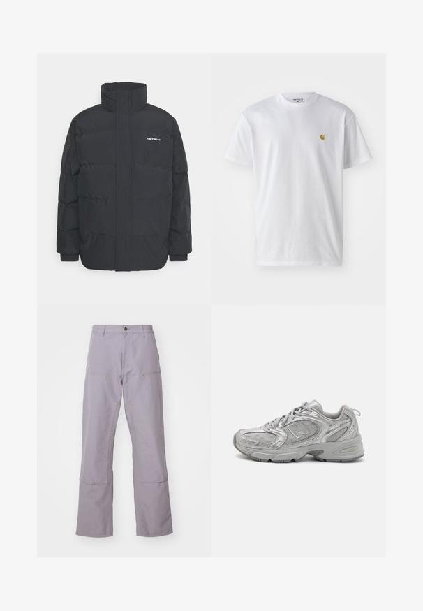 Crna puffer jakna s visokim ovratnikom, prednjim zatvaračem i elastičnim manžetama. Ima džep i mali logo na prsima. Teksturalna površina.; Bijela pamučna majica kratkih rukava s okruglim izrezom, sa malim zlatnim logotipom na lijevoj strani prsnog koša. Mekana tekstura i standardni kroj.; Svijetlo ljubičaste hlače ravnog kroja, koje imaju dva prednja džepa i dekorativno šivanje. Izrađene od izdržljive pamučne tkanine.; Srebrna atletska cipela s elegantnim dizajnom, mrežastim panelima, podstavljenim jezikom, teksturiranom sintetičkom gornjom stranom i gumenim potplatom za prianjanje.