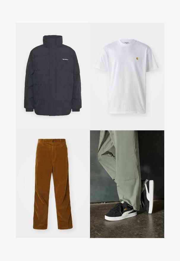 Doudoune noire avec un col montant, fermeture éclair à l'avant et poignets élastiques. Comprend une poche et un petit logo sur la poitrine. Surface texturée.; T-shirt en coton blanc à manches courtes, col rond, avec un petit logo doré sur la poitrine gauche. Texture douce et coupe régulière.; Carhartt WIP SINGLE KNEE PANT - Pantalon classique - deep brown rinsed; Baskets en daim noir avec des semelles en caoutchouc blanc et des rayures sur les côtés, associées à un pantalon cargo vert clair, posées sur une surface sombre texturée.