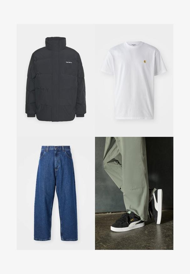 Juodas pūkinis švarkas su aukšta apykakle, užtrauktuku priekyje ir elastingomis rankovėmis. Yra kišenė ir mažas logotipas ant krūtinės. Tekstūruotas paviršius.; Balta medvilnės marškinėliai su trumpomis rankovėmis, apvalia iškirpte, kuriuose kairėje krūtinės pusėje yra mažas auksinis logotipas. Minkšta tekstūra ir reguliari forma.; Tamsiai mėlynos džinsinės plačių kojų kelnės. Yra aukštu liemeniu, diržo kilpomis ir klasikinio penkių kišenių dizainu. Siūtos apačios su tvarkingu apdailu.; Juodi suede sportbačiai su baltais guminiais padais ir šoninėmis juostelėmis, derinami su šviesiai žaliais kargo kelnais, stovintys ant tekstūruoto tamsaus paviršiaus.