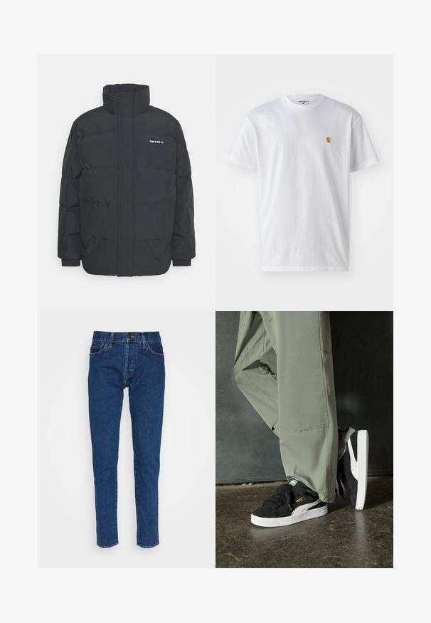 Črna puhasta jakna z visokim ovratnikom, z zadrgo spredaj in elastičnimi manšetami. Ima žep in majhen logotip na prsih. Teksturirana površina.; Bela bombažna majica s kratkimi rokavi, krožnim ovratnikom, z majhnim zlatim logotipom na levem prsnem predelu. Mehka tekstura in običajen kroj.; Temno modri kavbojki z naravnim krojem, ki imajo pet žepov, zadrgo ter šivanje ob šivih.; Črne semšaste športne copate z belimi gumijastimi podplati in stranskimi črtami, v kombinaciji s svetlo zelenimi cargo hlačami, ki stojijo na teksturirani temni površini.