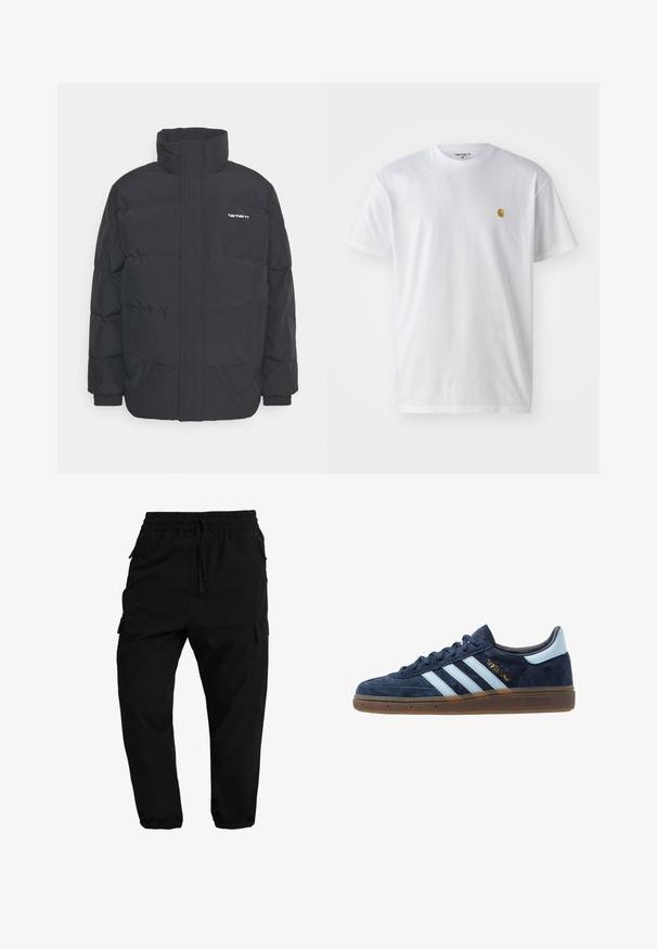 Zwarte pufferjas met een hoge kraag, rits aan de voorkant en elastische manchetten. Bevat een zak en een klein logo op de borst. Getextureerd oppervlak.; Witte katoenen t-shirt met korte mouwen en ronde hals, voorzien van een klein gouden logo op de linkerkant van de borst. Zachte textuur en een normale pasvorm.; Zwarte cargobroek met een elastische tailleband, trekkoordsluiting en zijzakken. Tapered broekspijpen met elastische boorden en een gladde textuur.; Marineblau suede Adidas sneaker met lichtblauwe strepen, gumzool, lichtblauw hielstuk en gouden "Spezial" branding aan de zijkant.