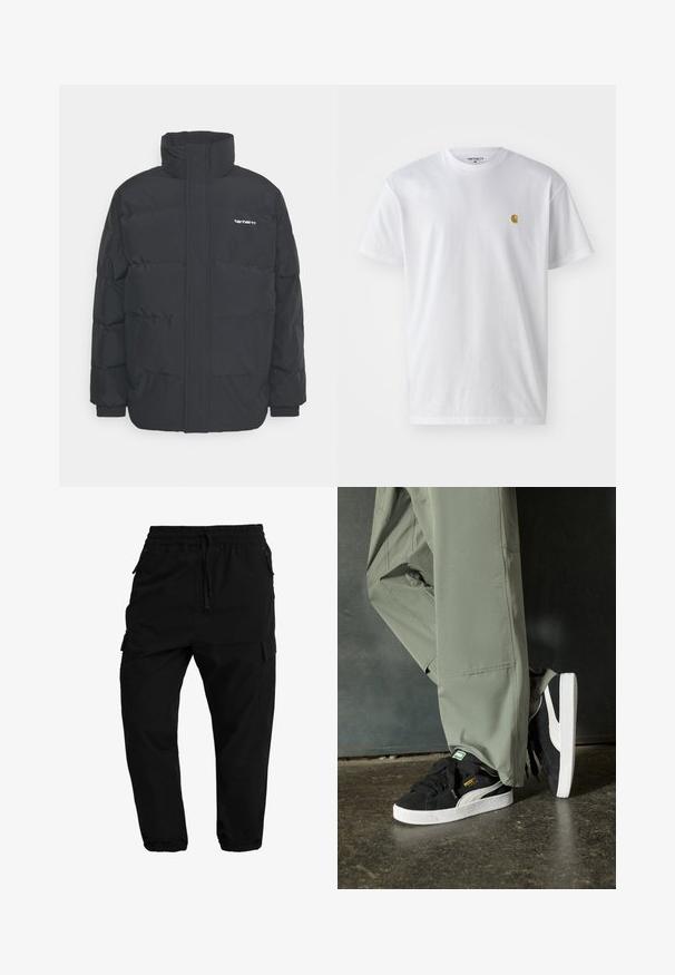Mustam varrukas jope kõrge kaelusega, vipptõmblusega ja elastsete mansettidega. Omaduseks on tasku ja väike logo rinnal. Tekstuuritud pind.; Valge puuvillane t-särk lühikeste varrukatega, ümmargune kaelus, millel on väike kuldne logo vasakul rinnal. Pehme tekstuur ja regulaarne lõike.; Mustad mustad püksid elastse vööga, stringi sulgemise ja küljetaskutega. Kitsenevad sääred elastsete mansettidega ja sujuva tekstuuriga.; Mustad nubukist spordijalatsid valgete kummist tallade ja külgriidega, koos heleda rohelise cargo-pükstega, seistes tekstureeritud tumedal pinnasel.