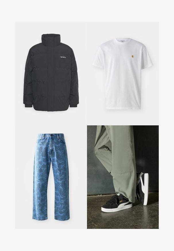 Doudoune noire avec un col montant, fermeture éclair à l'avant et poignets élastiques. Comprend une poche et un petit logo sur la poitrine. Surface texturée.; T-shirt en coton blanc à manches courtes, col rond, avec un petit logo doré sur la poitrine gauche. Texture douce et coupe régulière.; Jean en denim bleu clair avec un motif floral ton sur ton subtil, coupe large, design à cinq poches et fermeture à bouton à la taille.; Baskets en daim noir avec des semelles en caoutchouc blanc et des rayures sur les côtés, associées à un pantalon cargo vert clair, posées sur une surface sombre texturée.