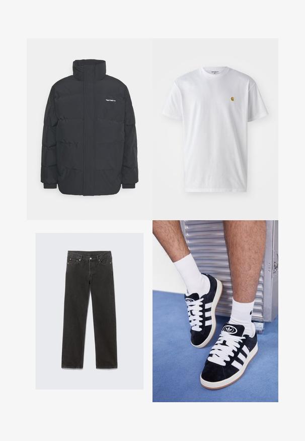 Fekete puffKabát magas nyakkal, cipzáros előlappal és rugalmas mandzsettával. Tartalmaz egy zsebet és egy kis logót a mellkason. Texturált felület.; Fehér pamut póló rövid ujjakkal, kerek nyakkal, bal mellel egy kis arany logóval. Puha tapintású és normál fazonú.; Fekete farmer egyenes lábú nadrág klasszikus öt zsebes kialakítással, narancssárga varrással és cipzáras záródással.; Fekete velúr sportcipők fehér fűzőkkel és három fehér csíkkal. A nyelvén egy kör alakú fekete logó található, valamint egy gumis talp.