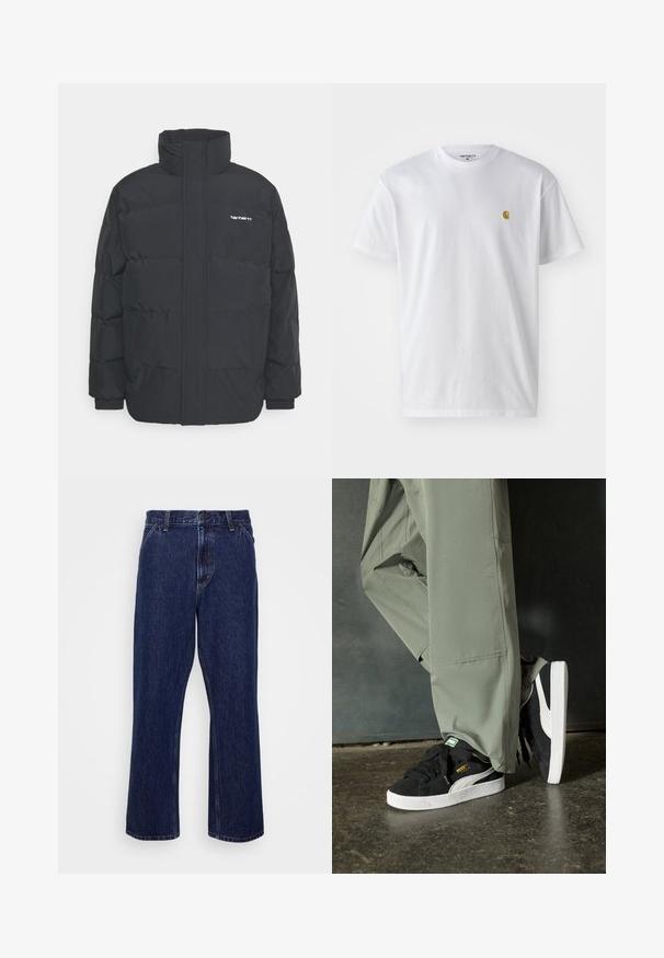 Črna puhasta jakna z visokim ovratnikom, z zadrgo spredaj in elastičnimi manšetami. Ima žep in majhen logotip na prsih. Teksturirana površina.; Bela bombažna majica s kratkimi rokavi, krožnim ovratnikom, z majhnim zlatim logotipom na levem prsnem predelu. Mehka tekstura in običajen kroj.; Temno modri jeans iz denima s ravno nogavico, z gumbnim zapiranjem, petimi žepi in subtilnimi šivi.; Črne semšaste športne copate z belimi gumijastimi podplati in stranskimi črtami, v kombinaciji s svetlo zelenimi cargo hlačami, ki stojijo na teksturirani temni površini.