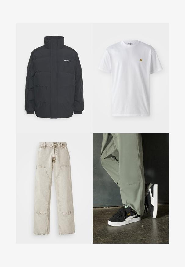 Chaqueta de plumas negra con cuello alto, cierre de cremallera frontal y puños elásticos. Cuenta con un bolsillo y un pequeño logo en el pecho. Superficie texturizada.; Camiseta de algodón blanca con mangas cortas, cuello redondo, que presenta un pequeño logo dorado en la parte izquierda del pecho. Textura suave y corte regular.; Jeans anchos de color beige claro, hechos de denim, con grandes bolsillos de parche, costuras en contraste y una textura ligeramente desteñida.; Zapatillas de ante negras con suelas de goma blancas y rayas laterales, combinadas con pantalones cargo verde claro, de pie sobre una superficie oscura texturizada.