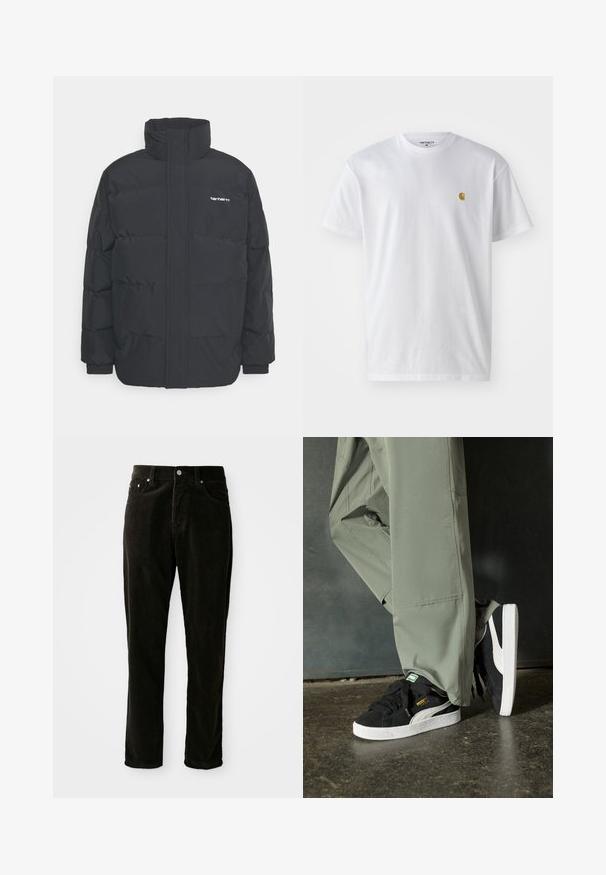 Sort pufferjakke med høj krave, lynlås foran og elastiske manchetter. Har en lomme og et lille logo på brystet. Tekstureret overflade.; Hvid bomulds t-shirt med korte ærmer, rund hals og et lille guld logo på venstre brystområde. Blød tekstur og almindelig pasform.; Sorte fløjl bukser med lige ben, tekstureret stof og fem-lomme stil med metalhardware detaljer.; Sorte ruskinds sneakers med hvide gummisåler og sidestreger, parret med lysegrønne cargo bukser, stående på en struktureret mørk overflade.