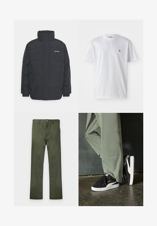 Doudoune noire avec un col montant, fermeture éclair à l'avant et poignets élastiques. Comprend une poche et un petit logo sur la poitrine. Surface texturée.; T-shirt en coton blanc à manches courtes, col rond, avec un petit logo doré sur la poitrine gauche. Texture douce et coupe régulière.; Pantalon vert olive en tissu durable, avec une coupe droite, des poches avant et une fermeture à bouton. Texture lisse.; Baskets en daim noir avec des semelles en caoutchouc blanc et des rayures sur les côtés, associées à un pantalon cargo vert clair, posées sur une surface sombre texturée.