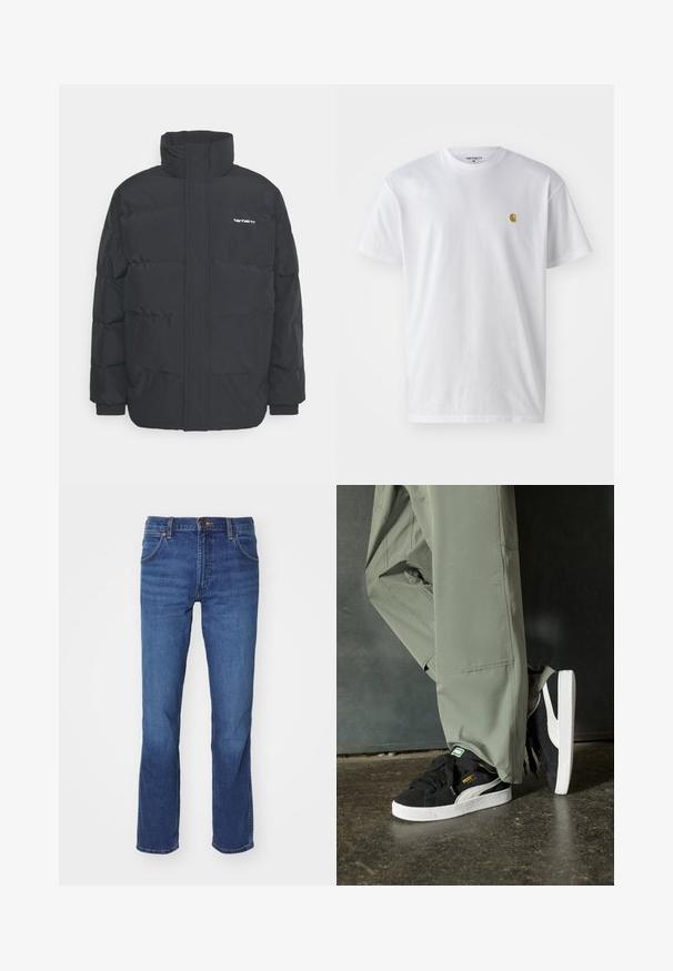 Črna puhasta jakna z visokim ovratnikom, z zadrgo spredaj in elastičnimi manšetami. Ima žep in majhen logotip na prsih. Teksturirana površina.; Bela bombažna majica s kratkimi rokavi, krožnim ovratnikom, z majhnim zlatim logotipom na levem prsnem predelu. Mehka tekstura in običajen kroj.; Jeans iz jeansa v srednje modri barvi s pravim krojem, petimi žepi in tradicionalnim zapiranjem na gumb in zadrgo.; Črne semšaste športne copate z belimi gumijastimi podplati in stranskimi črtami, v kombinaciji s svetlo zelenimi cargo hlačami, ki stojijo na teksturirani temni površini.