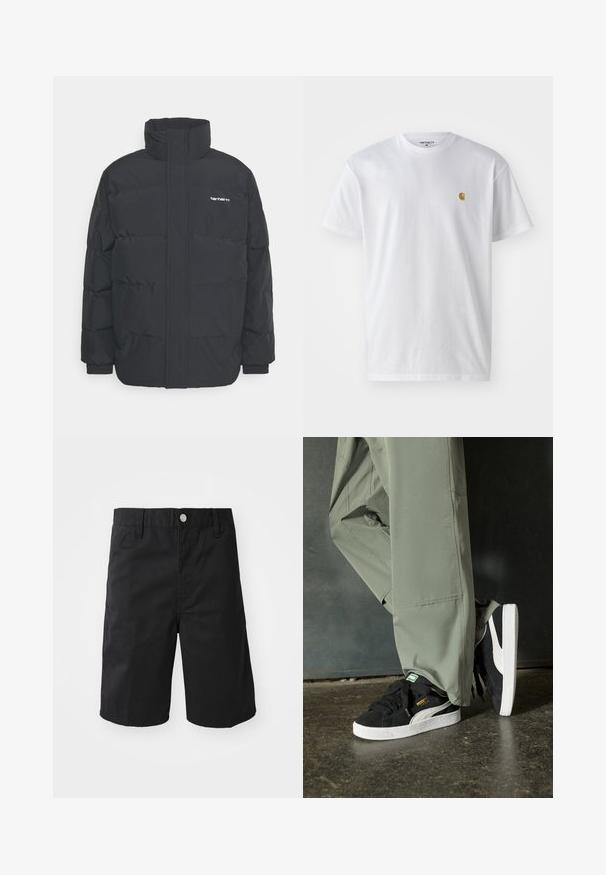 Schwarze Daunenjacke mit hohem Kragen, Reißverschluss vorne und elastischen Bündchen. Verfügt über eine Tasche und ein kleines Logo auf der Brust. Strukturiert Oberfläche.; Weißes Baumwoll-T-Shirt mit kurzen Ärmeln, Rundhalsausschnitt, mit einem kleinen goldenen Logo im linken Brustbereich. Weicher Stoff und normale Passform.; Schwarze Baumwollshorts mit geradem Schnitt, Gürtelschlaufen, einem Metallknopfverschluss und ohne sichtbare Muster oder Akzente.; Schwarze Wildleder-Sneaker mit weißen Gummisohlen und seitlichen Streifen, kombiniert mit hellgrünen Cargo-Hosen, stehen auf einer strukturierten dunklen Oberfläche.