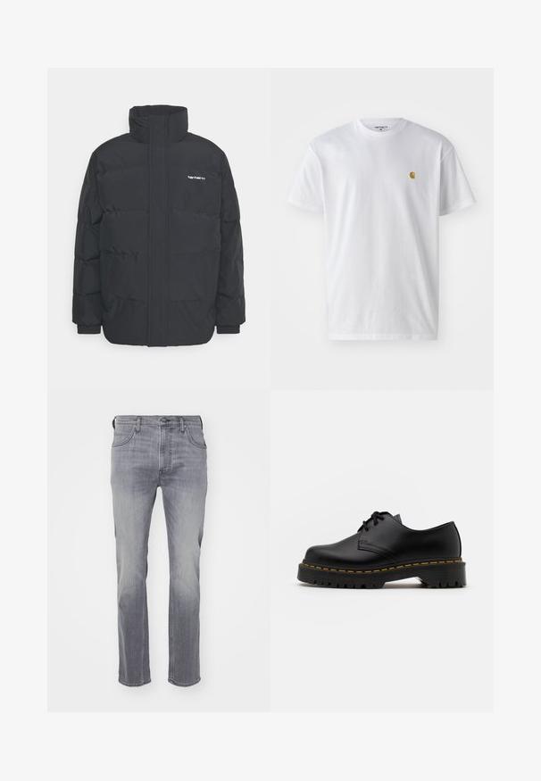 Črna puhasta jakna z visokim ovratnikom, z zadrgo spredaj in elastičnimi manšetami. Ima žep in majhen logotip na prsih. Teksturirana površina.; Bela bombažna majica s kratkimi rokavi, krožnim ovratnikom, z majhnim zlatim logotipom na levem prsnem predelu. Mehka tekstura in običajen kroj.; Sive traperice z naravnim rezom, petimi žepi in zbledelim videzom. Material je gladek in rahlo raztegljiv.; Črne usnjene čevlje z vezalkami in zaobljenim nosom, z gumijastim podplatom in rumenim šivom okoli osnove. Ravna zasnova in gladka površina.