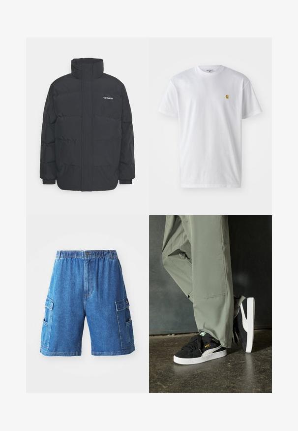Musta puhvijaakku korkealla kauluksella, vetoketjukiinnitys edessä ja joustavat hihansuut. Varustettu taskulla ja pienellä logolla rintakehässä. Rakeinen pinta.; Valkoinen puuvillapaita lyhyillä hihoilla, pyöreä kaula-aukko, jossa on pieni kultainen logo vasemmassa rintapielessä. Pehmeä kangas ja normaali istuvuus.; Keskisinisin denim cargo-shortsit, joissa on joustava vyötärö, useita sivutaskuja ja suora leikkaus. Teksturoitu kangas, näkyvät saumat.; Mustat mokkakengät, joissa on valkoiset kumipohjat ja sivuraitoja, yhdistettynä vaaleanvihreisiin cargo-housuihin, seisoen tummalla teksturoidulla pinnalla.