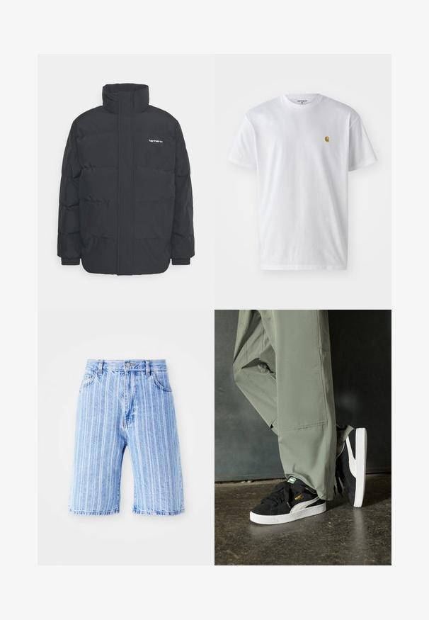 Musta puhvijaakku korkealla kauluksella, vetoketjukiinnitys edessä ja joustavat hihansuut. Varustettu taskulla ja pienellä logolla rintakehässä. Rakeinen pinta.; Valkoinen puuvillapaita lyhyillä hihoilla, pyöreä kaula-aukko, jossa on pieni kultainen logo vasemmassa rintapielessä. Pehmeä kangas ja normaali istuvuus.; Vaaleansiniset farkkushortsit, joissa on pystysuorat valkoiset raidat. Mallissa on klassinen viiden taskun muotoilu ja nappisulku vyötäröllä.; Mustat mokkakengät, joissa on valkoiset kumipohjat ja sivuraitoja, yhdistettynä vaaleanvihreisiin cargo-housuihin, seisoen tummalla teksturoidulla pinnalla.