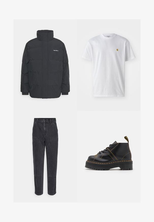 Black puffer jacket with a high collar, zip front, and elastic cuffs. Features a pocket and a small logo on the chest. Textured surface.; White cotton t-shirt with short sleeves, crew neck, featuring a small gold logo on the left chest area. Soft texture and regular fit.; Black denim jeans with a high waist, straight-leg cut, and large front pockets. Features contrasting stitching and no visible logos.; Black ankle boots with thick, ridged sole, contrasting yellow stitching, and a pull tab at the heel. Smooth leather material.