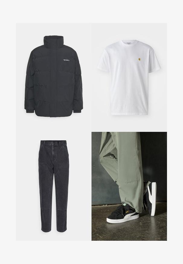 Črna puhasta jakna z visokim ovratnikom, z zadrgo spredaj in elastičnimi manšetami. Ima žep in majhen logotip na prsih. Teksturirana površina.; Bela bombažna majica s kratkimi rokavi, krožnim ovratnikom, z majhnim zlatim logotipom na levem prsnem predelu. Mehka tekstura in običajen kroj.; Črni džins hlače z visoko pasom, ravnim krojem in velikimi sprednjimi žepi. Imajo kontrastno šivanje in nimajo vidnih logotipov.; Črne semšaste športne copate z belimi gumijastimi podplati in stranskimi črtami, v kombinaciji s svetlo zelenimi cargo hlačami, ki stojijo na teksturirani temni površini.