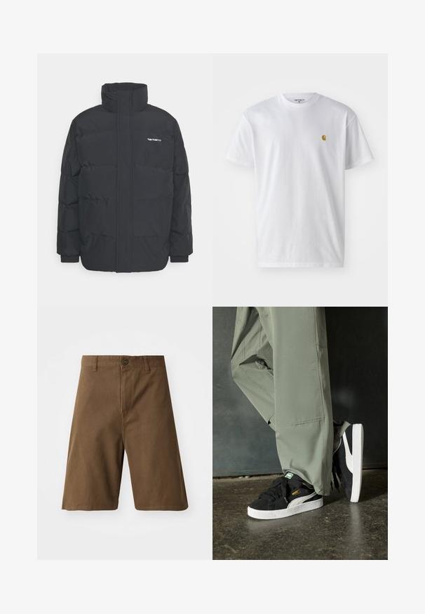 Schwarze Daunenjacke mit hohem Kragen, Reißverschluss vorne und elastischen Bündchen. Verfügt über eine Tasche und ein kleines Logo auf der Brust. Strukturiert Oberfläche.; Weißes Baumwoll-T-Shirt mit kurzen Ärmeln, Rundhalsausschnitt, mit einem kleinen goldenen Logo im linken Brustbereich. Weicher Stoff und normale Passform.; Braune Baumwollshorts mit geradem Schnitt, mit einem Knopfverschluss vorne, Gürtelschlaufen und Seitentaschen. Glatte Textur und saubere Nähte.; Schwarze Wildleder-Sneaker mit weißen Gummisohlen und seitlichen Streifen, kombiniert mit hellgrünen Cargo-Hosen, stehen auf einer strukturierten dunklen Oberfläche.