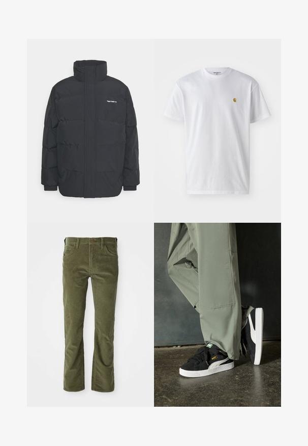 Czarna kurtka puchowa z wysoką kołnierzem, zamkiem z przodu i elastycznymi mankietami. Posiada kieszeń oraz małe logo na piersi. Teksturowana powierzchnia.; Biała bawełniana koszulka z krótkim rękawem, okrągłym dekoltem, z małym złotym logo na lewej części klatki piersiowej. Miękka textura i regularny krój.; Olive oliwkowe spodnie z kordurowego materiału, z kieszeniami z przodu, szlufkami na pasek, zapięciem na guzik i delikatnym rozszerzeniem na nogawkach.; Czarne zamszowe trampki z białymi gumowymi podeszwami i bocznymi paskami, w połączeniu z jasnoszarymi spodniami cargo, stoją na teksturowanej ciemnej powierzchni.
