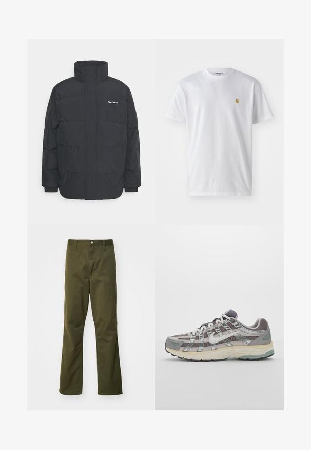 Musta puhvijaakku korkealla kauluksella, vetoketjukiinnitys edessä ja joustavat hihansuut. Varustettu taskulla ja pienellä logolla rintakehässä. Rakeinen pinta.; Valkoinen puuvillapaita lyhyillä hihoilla, pyöreä kaula-aukko, jossa on pieni kultainen logo vasemmassa rintapielessä. Pehmeä kangas ja normaali istuvuus.; Oliivivihreät puuvillahousut suoranlahkeisella muotoilulla. Varustettu edessä napilla suljettavalla vyötäröllä ja klassisella viiden taskun tyylillä.; Harmaa urheilukenkä, jossa on verkko- ja mokkanahkainen yläosa, valkoiset yksityiskohdat, pehmustettu pohja ja erottuva muotoilu heijastavilla elementeillä.