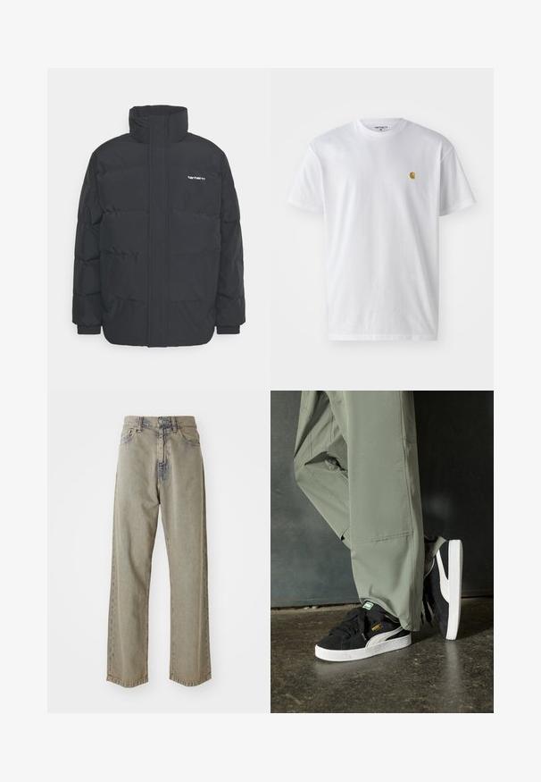 Czarna kurtka puchowa z wysoką kołnierzem, zamkiem z przodu i elastycznymi mankietami. Posiada kieszeń oraz małe logo na piersi. Teksturowana powierzchnia.; Biała bawełniana koszulka z krótkim rękawem, okrągłym dekoltem, z małym złotym logo na lewej części klatki piersiowej. Miękka textura i regularny krój.; Jasnoszare szerokie dżinsy wykonane z denimu, z wyblakłą fakturą, widocznymi szwami oraz tradycyjnym zapięciem na guzik i zamek.; Czarne zamszowe trampki z białymi gumowymi podeszwami i bocznymi paskami, w połączeniu z jasnoszarymi spodniami cargo, stoją na teksturowanej ciemnej powierzchni.