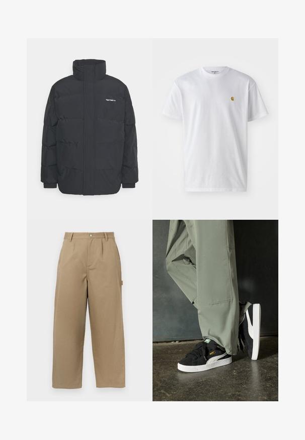 Zwarte pufferjas met een hoge kraag, rits aan de voorkant en elastische manchetten. Bevat een zak en een klein logo op de borst. Getextureerd oppervlak.; Witte katoenen t-shirt met korte mouwen en ronde hals, voorzien van een klein gouden logo op de linkerkant van de borst. Zachte textuur en een normale pasvorm.; Beige wijde broek van een katoenmix, met een hoge taille, voorvouwen en twee zijzakken met een knoopsluiting.; Zwarte suède sneakers met witte rubberen zolen en zijstrepen, gecombineerd met lichtgroene cargobroeken, staande op een gestructureerd donker oppervlak.