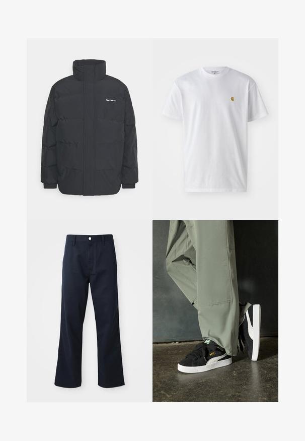 Crna puffer jakna s visokim ovratnikom, prednjim zatvaračem i elastičnim manžetama. Ima džep i mali logo na prsima. Teksturalna površina.; Bijela pamučna majica kratkih rukava s okruglim izrezom, sa malim zlatnim logotipom na lijevoj strani prsnog koša. Mekana tekstura i standardni kroj.; Navy plava pamučna hlače ravnog kroja, s patentnim zatvaračem, gumbom i prednjim džepovima. Glatka tekstura i čista završna obrada.; Crne nubuk tenisice s bijelim gumennim potplatima i bočnim trakama, uparene s svijetlozelenim cargo hlačama, stoje na teksturiranoj tamnoj površini.