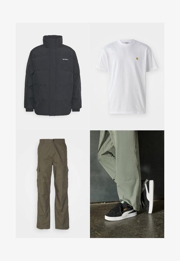 Fekete puffKabát magas nyakkal, cipzáros előlappal és rugalmas mandzsettával. Tartalmaz egy zsebet és egy kis logót a mellkason. Texturált felület.; Fehér pamut póló rövid ujjakkal, kerek nyakkal, bal mellel egy kis arany logóval. Puha tapintású és normál fazonú.; Olíva színű, egyenes szabású cargo nadrág, texturált szövetből készült. Nagy oldalsó zsebekkel és gombos zárással rendelkezik.; Fekete velúr sportcipők fehér gumitalppal és oldalsávokkal, világos zöld cargo nadrággal párosítva, egy textúrált sötét felületen állva.