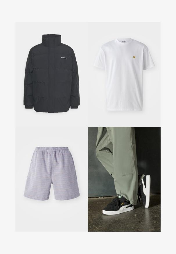Črna puhasta jakna z visokim ovratnikom, z zadrgo spredaj in elastičnimi manšetami. Ima žep in majhen logotip na prsih. Teksturirana površina.; Bela bombažna majica s kratkimi rokavi, krožnim ovratnikom, z majhnim zlatim logotipom na levem prsnem predelu. Mehka tekstura in običajen kroj.; Svijetloplave prugaste kratke hlače s elastičnim pojasom, izrađene od mekog materijala. Imaju bočne džepove i opušteni kroj, idealne za svakodnevno nošenje.; Črne semšaste športne copate z belimi gumijastimi podplati in stranskimi črtami, v kombinaciji s svetlo zelenimi cargo hlačami, ki stojijo na teksturirani temni površini.