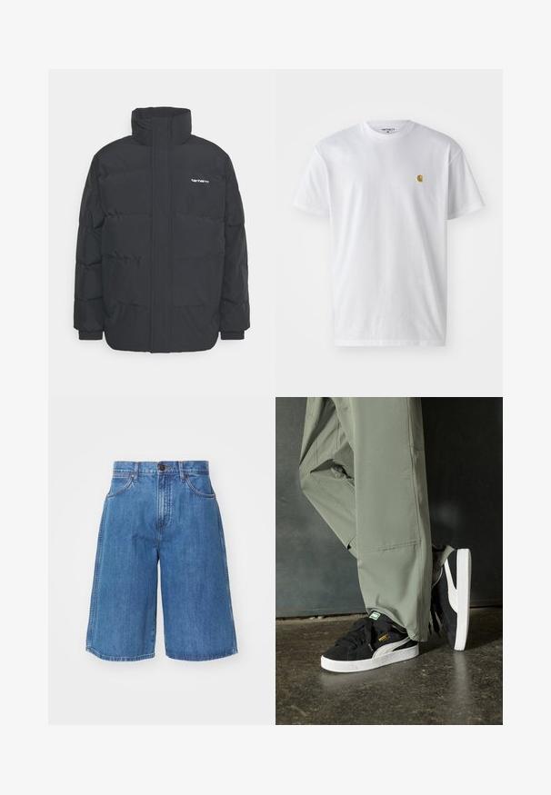 Mustam varrukas jope kõrge kaelusega, vipptõmblusega ja elastsete mansettidega. Omaduseks on tasku ja väike logo rinnal. Tekstuuritud pind.; Valge puuvillane t-särk lühikeste varrukatega, ümmargune kaelus, millel on väike kuldne logo vasakul rinnal. Pehme tekstuur ja regulaarne lõike.; Laiad teksapüksid, sinine värv, kõrge talje ja õmmeldud detailid. Siselda ees kaks taskut ja nööpkinnitus taljes.; Mustad nubukist spordijalatsid valgete kummist tallade ja külgriidega, koos heleda rohelise cargo-pükstega, seistes tekstureeritud tumedal pinnasel.