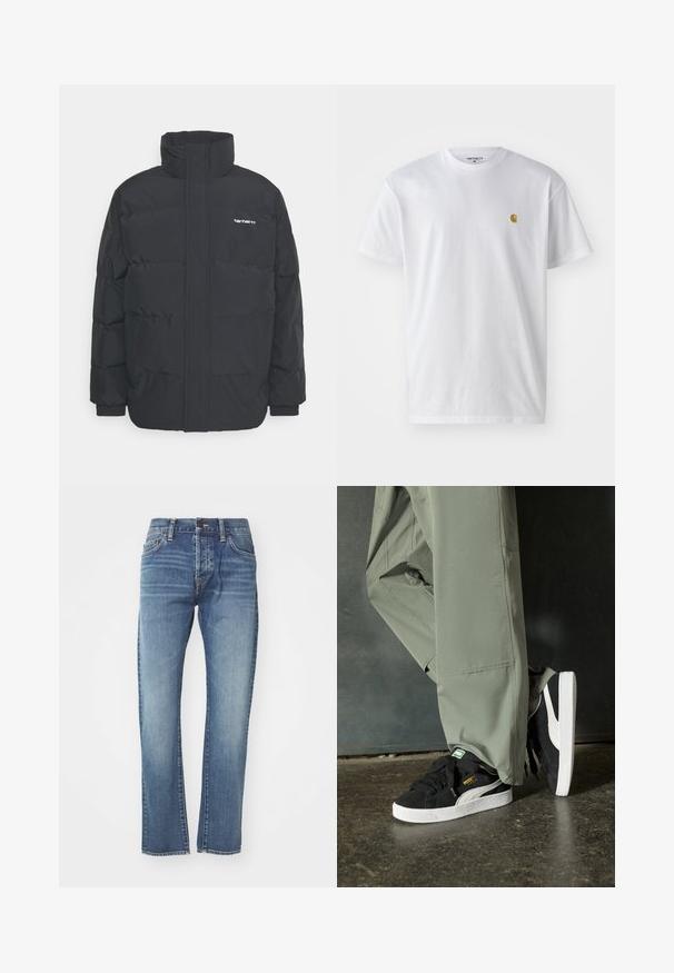 Juodas pūkinis švarkas su aukšta apykakle, užtrauktuku priekyje ir elastingomis rankovėmis. Yra kišenė ir mažas logotipas ant krūtinės. Tekstūruotas paviršius.; Balta medvilnės marškinėliai su trumpomis rankovėmis, apvalia iškirpte, kuriuose kairėje krūtinės pusėje yra mažas auksinis logotipas. Minkšta tekstūra ir reguliari forma.; Mėlynos džinsinės kelnės su tiesiu kirpimu, turinčios vidutinį plovimą, penkias kišenes ir subtilų išblukimą. Įtraukta klasikinė juosmens juosta ir diržo kilpos.; Juodi suede sportbačiai su baltais guminiais padais ir šoninėmis juostelėmis, derinami su šviesiai žaliais kargo kelnais, stovintys ant tekstūruoto tamsaus paviršiaus.