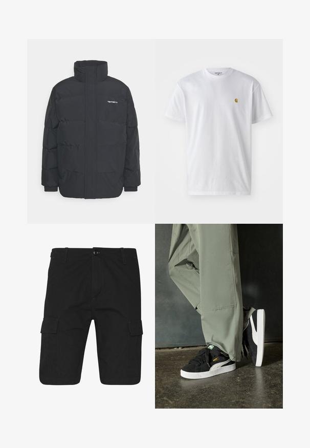 Mustam varrukas jope kõrge kaelusega, vipptõmblusega ja elastsete mansettidega. Omaduseks on tasku ja väike logo rinnal. Tekstuuritud pind.; Valge puuvillane t-särk lühikeste varrukatega, ümmargune kaelus, millel on väike kuldne logo vasakul rinnal. Pehme tekstuur ja regulaarne lõike.; Mustad mustanvärvilised lühikesed püksid, otse lõikega, millel on kaks külgtaskut, kontrastne õmblus ja nööbi kinnitus vööl.; Mustad nubukist spordijalatsid valgete kummist tallade ja külgriidega, koos heleda rohelise cargo-pükstega, seistes tekstureeritud tumedal pinnasel.