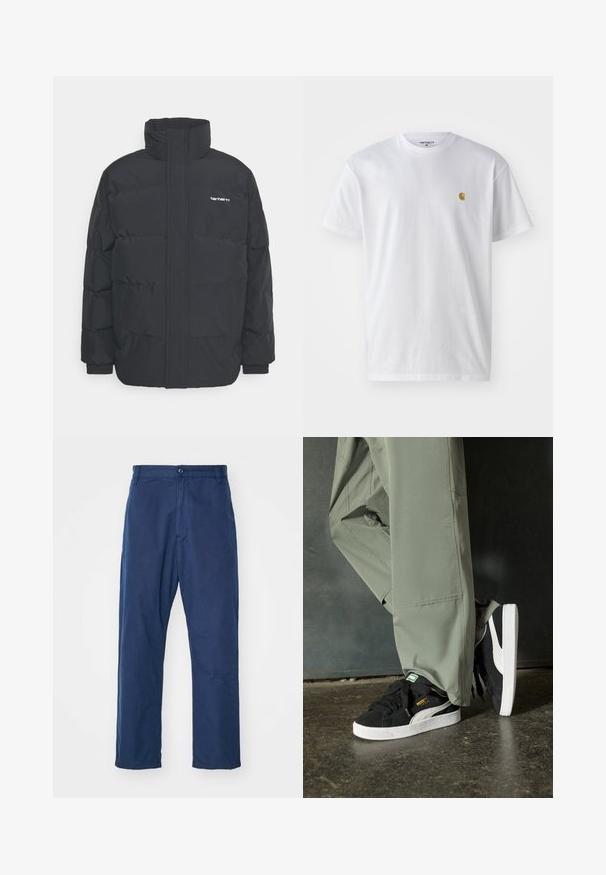 Juodas pūkinis švarkas su aukšta apykakle, užtrauktuku priekyje ir elastingomis rankovėmis. Yra kišenė ir mažas logotipas ant krūtinės. Tekstūruotas paviršius.; Balta medvilnės marškinėliai su trumpomis rankovėmis, apvalia iškirpte, kuriuose kairėje krūtinės pusėje yra mažas auksinis logotipas. Minkšta tekstūra ir reguliari forma.; Tamsiai mėlyni, tiesūs kelnės pagamintos iš medvilnės. Su priekiniais mygtukais, subtilia tekstūra, šoninėmis kišenėmis ir diržo kilpomis.; Juodi suede sportbačiai su baltais guminiais padais ir šoninėmis juostelėmis, derinami su šviesiai žaliais kargo kelnais, stovintys ant tekstūruoto tamsaus paviršiaus.