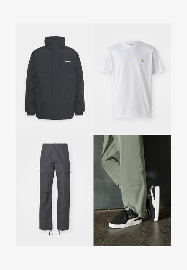 Zwarte pufferjas met een hoge kraag, rits aan de voorkant en elastische manchetten. Bevat een zak en een klein logo op de borst. Getextureerd oppervlak.; Witte katoenen t-shirt met korte mouwen en ronde hals, voorzien van een klein gouden logo op de linkerkant van de borst. Zachte textuur en een normale pasvorm.; Carhartt WIP AVIATION PANT - Cargobroek - graphite rinsed; Zwarte suède sneakers met witte rubberen zolen en zijstrepen, gecombineerd met lichtgroene cargobroeken, staande op een gestructureerd donker oppervlak.