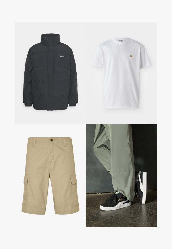 Casaco acolchoado preto com colarinho alto, fecho de correr à frente e punhos elásticos. Apresenta um bolso e um pequeno logótipo no peito. Superfície texturada.; T-shirt branca de algodão com mangas curtas, decote redondo, apresentando um pequeno logótipo dourado na área do peito esquerdo. Textura macia e ajuste regular.; Calções de carga bejes feitos de tecido leve, com frente lisa, bolsos laterais e padrão texturizado, ideais para um uso casual.; Sapatilhas de camurça pretas com solas de borracha branca e riscas laterais, combinadas com calças de carga verde claro, em pé sobre uma superfície escura e texturizada.