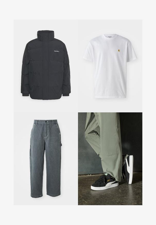 Schwarze Daunenjacke mit hohem Kragen, Reißverschluss vorne und elastischen Bündchen. Verfügt über eine Tasche und ein kleines Logo auf der Brust. Strukturiert Oberfläche.; Weißes Baumwoll-T-Shirt mit kurzen Ärmeln, Rundhalsausschnitt, mit einem kleinen goldenen Logo im linken Brustbereich. Weicher Stoff und normale Passform.; Dunkelgraue gerade Arbeitshosen mit Gürtelschlaufen, vorderem Knopf und Reißverschluss, Seitentaschen und einer Hammer-Schlaufe am rechten Bein.; Schwarze Wildleder-Sneaker mit weißen Gummisohlen und seitlichen Streifen, kombiniert mit hellgrünen Cargo-Hosen, stehen auf einer strukturierten dunklen Oberfläche.