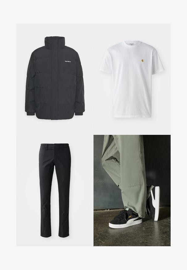 Černá zimní bunda s vysokým límcem, zipem vpředu a elastickými manžetami. Má kapsu a malé logo na hrudi. Texturovaný povrch.; Bílé bavlněné tričko s krátkým rukávem a kulatým výstřihem, s malým zlatým logem na levé straně hrudi. Měkká textura a klasický střih.; Černé kalhoty rovného střihu z hladké látky s jedním knoflíkem a poutky na opasek. Minimalistický design bez viditelných vzorů.; Černé semišové tenisky s bílými gumovými podrážkami a bočními pruhy, spárované se světle zelenými cargo kalhotami, stojící na texturovaném tmavém povrchu.