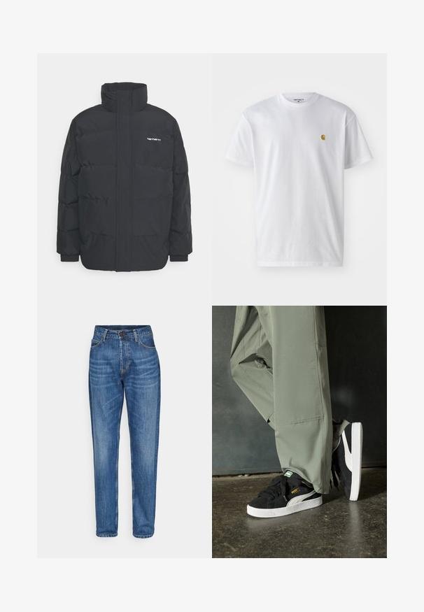 Casaco acolchoado preto com colarinho alto, fecho de correr à frente e punhos elásticos. Apresenta um bolso e um pequeno logótipo no peito. Superfície texturada.; T-shirt branca de algodão com mangas curtas, decote redondo, apresentando um pequeno logótipo dourado na área do peito esquerdo. Textura macia e ajuste regular.; Jeans de ganga azul com um design de perna reta, cintura alta, bolsos frontais e um fecho de botão único. Lavagem média com leve desgaste.; Sapatilhas de camurça pretas com solas de borracha branca e riscas laterais, combinadas com calças de carga verde claro, em pé sobre uma superfície escura e texturizada.