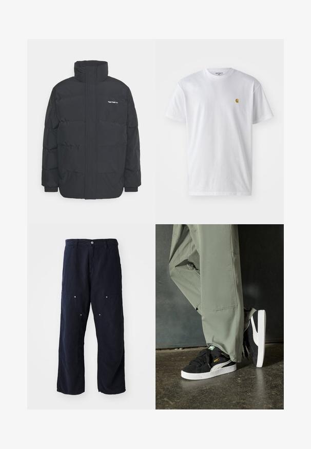 Casaco acolchoado preto com colarinho alto, fecho de correr à frente e punhos elásticos. Apresenta um bolso e um pequeno logótipo no peito. Superfície texturada.; T-shirt branca de algodão com mangas curtas, decote redondo, apresentando um pequeno logótipo dourado na área do peito esquerdo. Textura macia e ajuste regular.; Calças largas azul-marinho feitas de algodão com um acabamento texturizado. Apresenta dois bolsos frontais com detalhes em botão e um fecho frontal com botão.; Sapatilhas de camurça pretas com solas de borracha branca e riscas laterais, combinadas com calças de carga verde claro, em pé sobre uma superfície escura e texturizada.