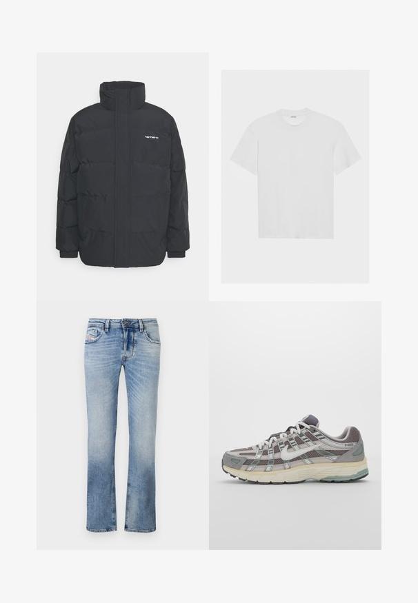Čierna puffová bunda s vysokým golierom, zipom vpredu a elastickými manžetami. Obsahuje vrecko a malé logo na hrudi. Textúrovaný povrch.; Biela bavlnená tričko s krátkymi rukávmi, okrúhlym výstrihom a voľným strihom. Hladká textúra a žiadne viditeľné vzory alebo akcenty.; Svetlomodré džínsy s rovnými nohavicami, ktoré majú predné vrecká, zips a jemné vyblednutie po celom materiáli.; Šedá športová obuv so zvrškom z nylonu a semišu, bielymi akcentmi, polstrovanou podrážkou a jedinečným dizajnom s reflexnými prvkami.
