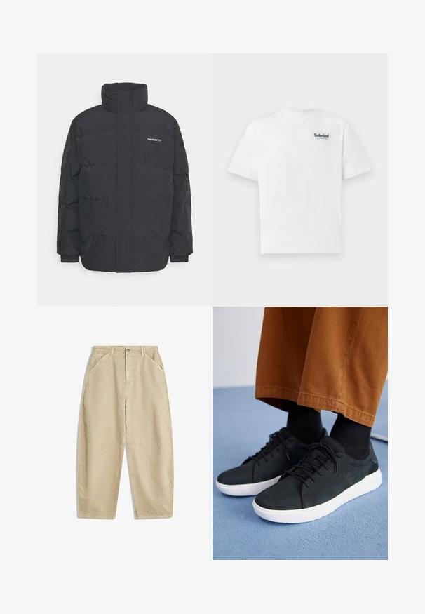 Čierna puffová bunda s vysokým golierom, zipom vpredu a elastickými manžetami. Obsahuje vrecko a malé logo na hrudi. Textúrovaný povrch.; Biele bavlnené tričko s modrou vyšívanou značkou "Timberland Rugged Active Gear" na ľavej hornej strane hrudi. Krátke rukávy a okrúhly výstrih.; Béžové nohavice s širokými nohavicami z bavlny, s vysokým pásom, prednými vreckami a zapínaním na gombík vpredu. Hladká textúra s čistými švami.; Čierne zamatové tenisky s bielymi gumovými podrážkami, so šnurovacím dizajnom, textúrovanými akcentami a decentným brandingom, skombinované s hnedými nohavicami.