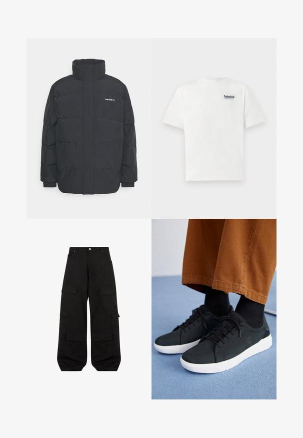 Zwarte pufferjas met een hoge kraag, rits aan de voorkant en elastische manchetten. Bevat een zak en een klein logo op de borst. Getextureerd oppervlak.; Witte katoenen T-shirt met een blauw geborduurd logo "Timberland Rugged Active Gear" op de bovenste linkerborst. Korte mouwen en ronde hals.; Zwarte cargobroek van duurzame katoen met een relaxte pasvorm. Voorzien van meerdere utilityzakken en een rechte pijpdesign.; Zwarte suède sneakers met witte rubberen zolen, voorzien van een vetersluiting ontwerp, textuuraccenten en subtiele branding, gedragen met bruine broeken.