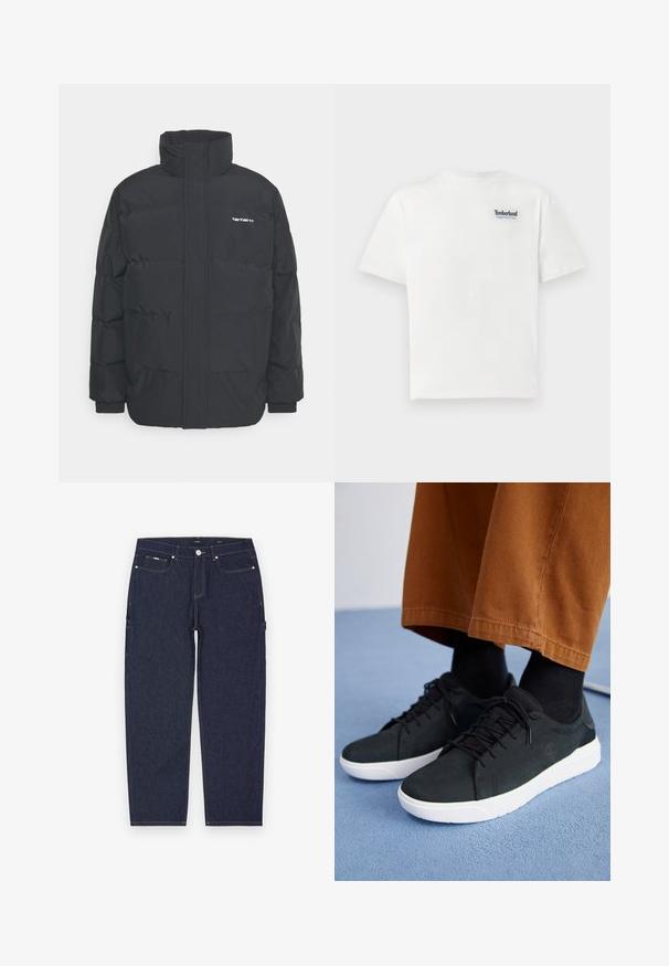 Giacca puffa nera con colletto alto, chiusura con zip frontale e polsini elastici. Presenta una tasca e un piccolo logo sul petto. Superficie testurizzata.; T-shirt bianco in cotone con logo ricamato blu "Timberland Rugged Active Gear" sul lato sinistro del petto. Maniche corte e colletto rotondo.; Pantaloni cargo in denim blu scuro con taglio diritto, caratterizzati da cuciture gialle visibili, tasche frontali e laterali, e chiusura con bottone in metallo.; Sneakers in suede nera con suole in gomma bianca, dotati di un design con lacci, accenti testurizzati e branding sottile, abbinati a pantaloni marroni.
