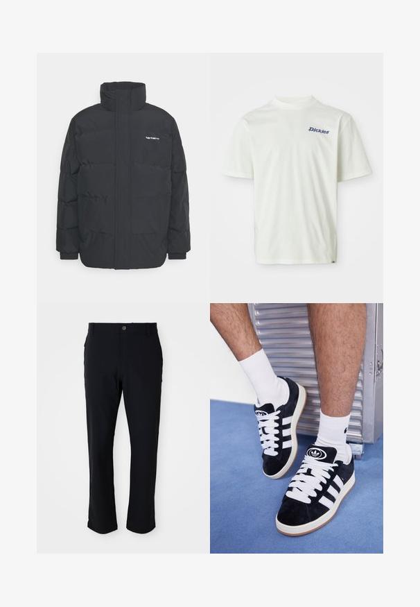 Zwarte pufferjas met een hoge kraag, rits aan de voorkant en elastische manchetten. Bevat een zak en een klein logo op de borst. Getextureerd oppervlak.; Witte T-shirt met korte mouwen, gemaakt van katoen, met een blauw logo met de tekst "Dickies" op de linkerborst en een rechte snit.; Zwarte broek met knoopsluiting, rechte pijpen, gladde textuur en zijzakken, geschikt voor verschillende gelegenheden.; Zwarte suède sneakers met witte veters en drie witte strepen. Heeft een cirkelvormig zwart logo op de tong en een gumrubberen zool.
