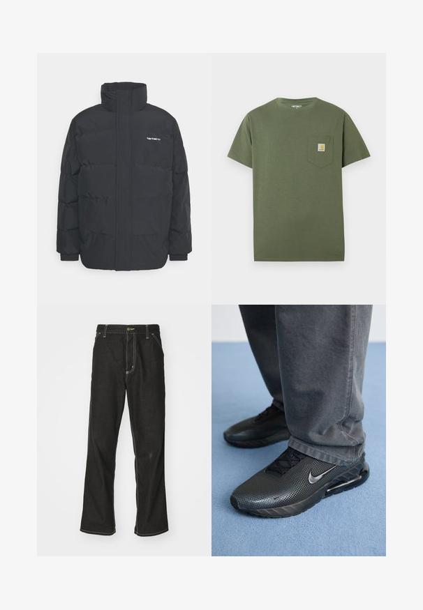 Crna puffer jakna s visokim ovratnikom, prednjim zatvaračem i elastičnim manžetama. Ima džep i mali logo na prsima. Teksturalna površina.; Maslinasto zelena pamučna majica s okruglim izrezom, kratkim rukavima i džepom na prsima s logom. Čist, minimalistički dizajn.; Crne traperice s opuštenim krojem, s kontrastnim bijelim šavovima, zakovicom za zatvaranje i ravnim nogavicama.; Crne Nike sportske cipele s teksturiranim gornjištem, perforiranim detaljima i vidljivom zračnom jedinicom za osvježenje, upariovane s sivim hlačama.