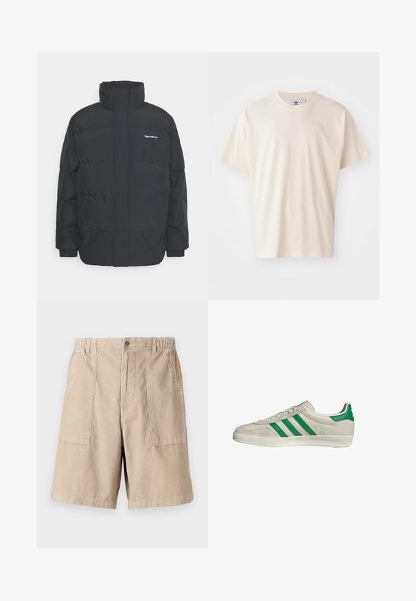 Black puffer jacket with a high collar, zip front, and elastic cuffs. Features a pocket and a small logo on the chest. Textured surface.; Cream cotton t-shirt with a round neckline and short sleeves; features a small, light-colored logo on the chest.; Beige corduroy shorts featuring a textured fabric, two side pockets, elastic waistband, and a single button closure.; Beige sneaker with green stripes, featuring a white sole and a smooth leather upper. Side view highlighting lace details and logo.