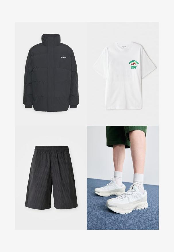Zwarte pufferjas met een hoge kraag, rits aan de voorkant en elastische manchetten. Bevat een zak en een klein logo op de borst. Getextureerd oppervlak.; Witte katoenen t-shirt met een groen en rood grafisch tekst op de linkerborst met de tekst "cashart Who Pronto Subito." Korte mouwen.; Zwarte shorts met een gestructureerd, geribbeld ontwerp, elastische tailleband en twee zijzakken. Casual stijl, lengte boven de knie.; Witte sportieve schoenen met textuuroverlays, een dikke zool en grijze accenten. Draag ze met witte crew-sokken en groene shorts op een blauwe ondergrond.