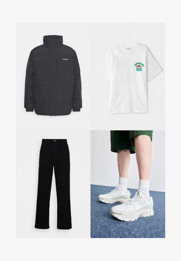 Zwarte pufferjas met een hoge kraag, rits aan de voorkant en elastische manchetten. Bevat een zak en een klein logo op de borst. Getextureerd oppervlak.; Witte katoenen t-shirt met een groen en rood grafisch tekst op de linkerborst met de tekst "cashart Who Pronto Subito." Korte mouwen.; Zwarte, hoog vochtige rechte broek van denim met een gladde textuur, voorzien van een sluiting met een knoop aan de voorkant en een ontwerp met vijf zakken.; Witte sportieve schoenen met textuuroverlays, een dikke zool en grijze accenten. Draag ze met witte crew-sokken en groene shorts op een blauwe ondergrond.