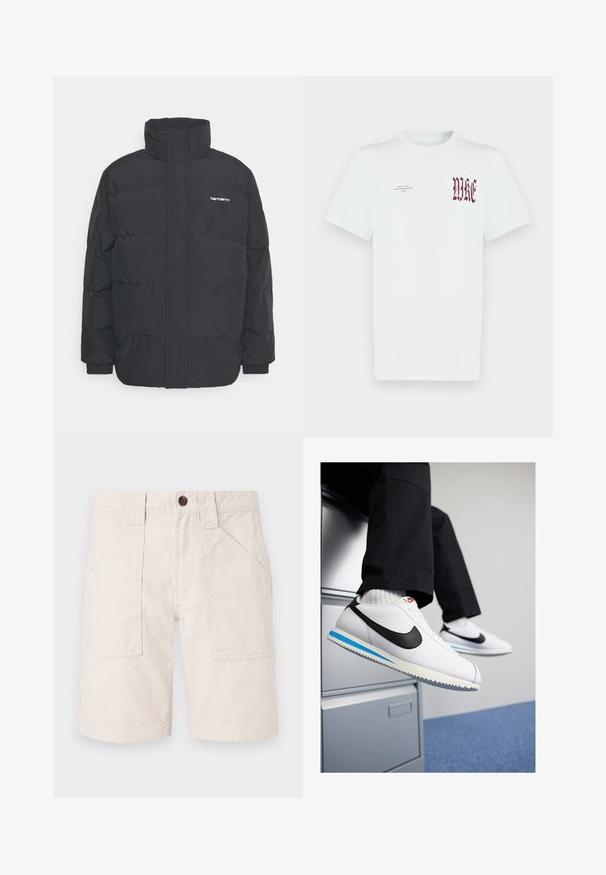 Musta puhvijaakku korkealla kauluksella, vetoketjukiinnitys edessä ja joustavat hihansuut. Varustettu taskulla ja pienellä logolla rintakehässä. Rakeinen pinta.; Valkoinen puuvillainen T-paita, jossa vasemmassa rinnassa punainen "NIKE"-grafiikka ja teksti. Lyhyet hihat ja pyöreä pääntie, sileä pinta.; Beige puuvillashortsit, joissa on suora leikkaus, kaksi sivutaskua, vyötärö, jossa on vyölenkit, ja ruskea nappisulku.; Valkoiset nahkakengät, joissa on musta Nike-logomerkki, vaaleansininen ja harmaa kumipohja sekä klassinen nauhakiinnitys. Jalat lepäävät asiakirjakaapilla.