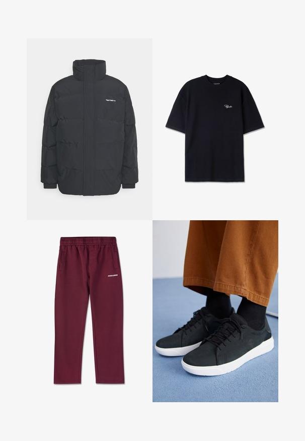 Černá zimní bunda s vysokým límcem, zipem vpředu a elastickými manžetami. Má kapsu a malé logo na hrudi. Texturovaný povrch.; Černé tričko s krátkým rukávem s texturovaným vaflovým vzorem a malým bílým logem na levé hrudi. Hladký kulatý výstřih.; Bordové tepláky vyrobené z měkkého materiálu, s elastickým pasem, dvěma bočními kapsami a bílým logem PEGAEXPOR na přední straně.; Černé semišové tenisky s bílými gumovými podešvemi, s šněrovacím designem, texturovanými detaily a jemným logem, spárované s hnědými kalhotami.