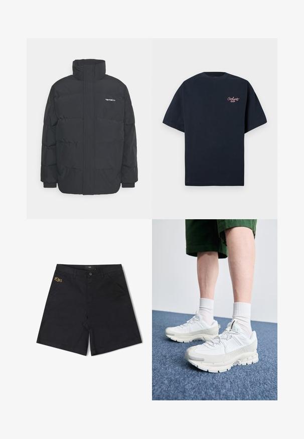 Mustam varrukas jope kõrge kaelusega, vipptõmblusega ja elastsete mansettidega. Omaduseks on tasku ja väike logo rinnal. Tekstuuritud pind.; Tumedat sinine puuvillane T-särk lühikeste varrukatega, millel on vasakul rinna piirkonnas väike roosa tikandiga logo ja klassikaline ümar kaelus.; Mustad mustriid lühikesed püksid, millel on eesnupu sulgemine, küljetaskud ja vasakul taskul väike kollane kala logo.; Valged sportsijalatsid tekstuursete pealsete, kopsaka tallaga ja hallide aktsentidega. Kanda valgete lühikeste sokkidega ja roheliste lühikeste pükstega sinisel pinnal.